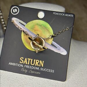 Saturn 🪐 Peacock Agate Fidget Stone Dainty Goldtone Necklace